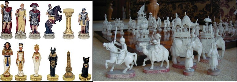Juegos de piezas con
animales como elementos de guerra. A la izquierda: Romanos vs egipcios, a la
derecha: ejercito árabe.
