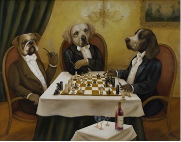 Pintura de perros jugando una partida de ajedrez. 

 