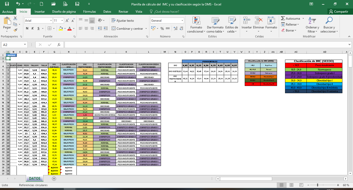 Plantilla de Excel para el cálculo del
IMC.