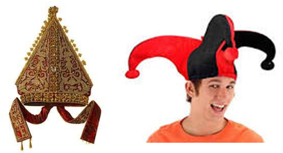 A la izquierda una mitra, a
la derecha un sombrero de buf&oacute;n.