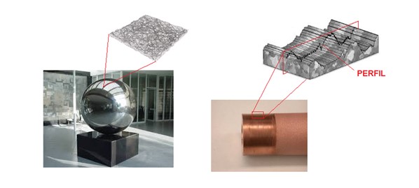 Art&iacute;culos con diferentes rugosidades y Ampliaci&oacute;n visual de las rugosidades.
