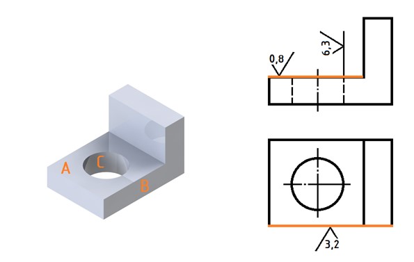 Ubicaci&oacute;n de los s&iacute;mbolos de rugosidad en las vistas de la pieza.